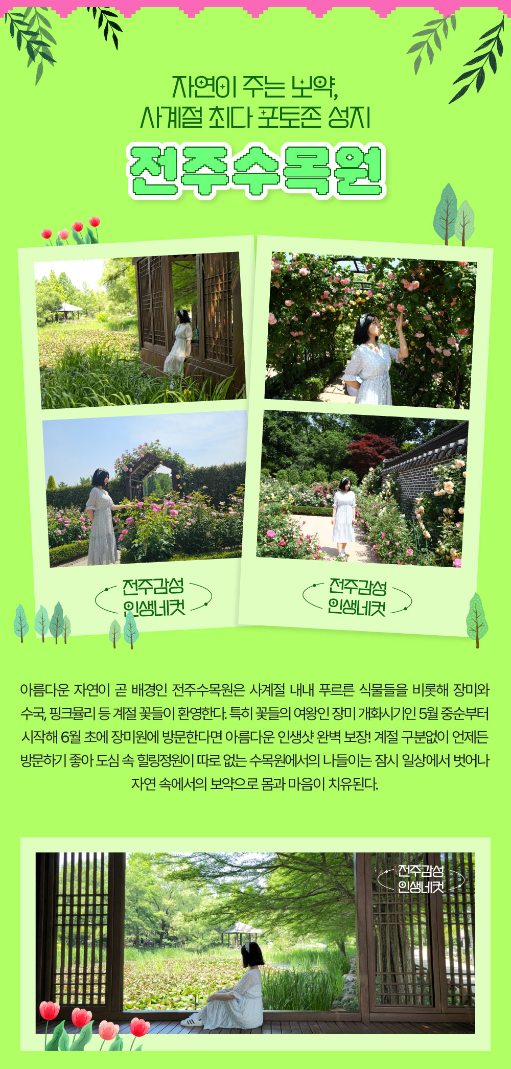 자연이 주는 보약, 사계절 최다 포토존 성지 전주수목원 아름다운 자연이 곧 배경인 전주수목원은 사계절 내내 푸르른 식물들을 비롯해 장미와 수국, 핑크뮬리 등 계절 꽃들이 환영한다. 특히 꽃들의 여왕인 장미 개화시기인 5월 중순부터 시작해 6월 초에 장미원에 방문한다면 아름다운 인생샷 완벽 보장! 계절 구분없이 언제든 방문하기 좋아 도심 속 힐링정원이 따로 없는 수목원에서의 나들이는 잠시 일상에서 벗어나 자연 속에서의 보약으로 몸과 마음이 치유된다.