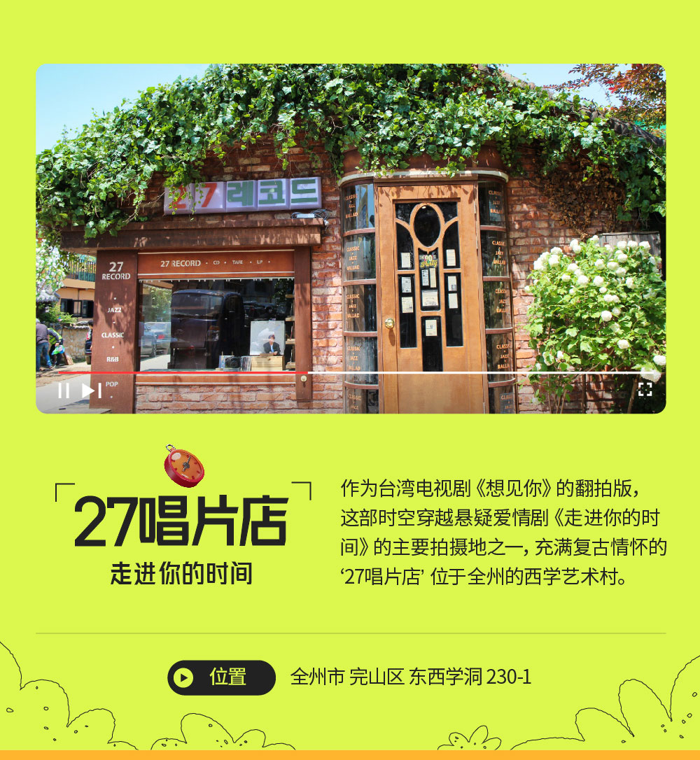 27唱片店: 走进你的时间 : 作为台湾电视剧《想见你》的翻拍版，这部时空穿越悬疑爱情剧《走进你的时间》的主要拍摄地之一，充满复古情怀的 “27唱片店”位于全州的西学艺术村。