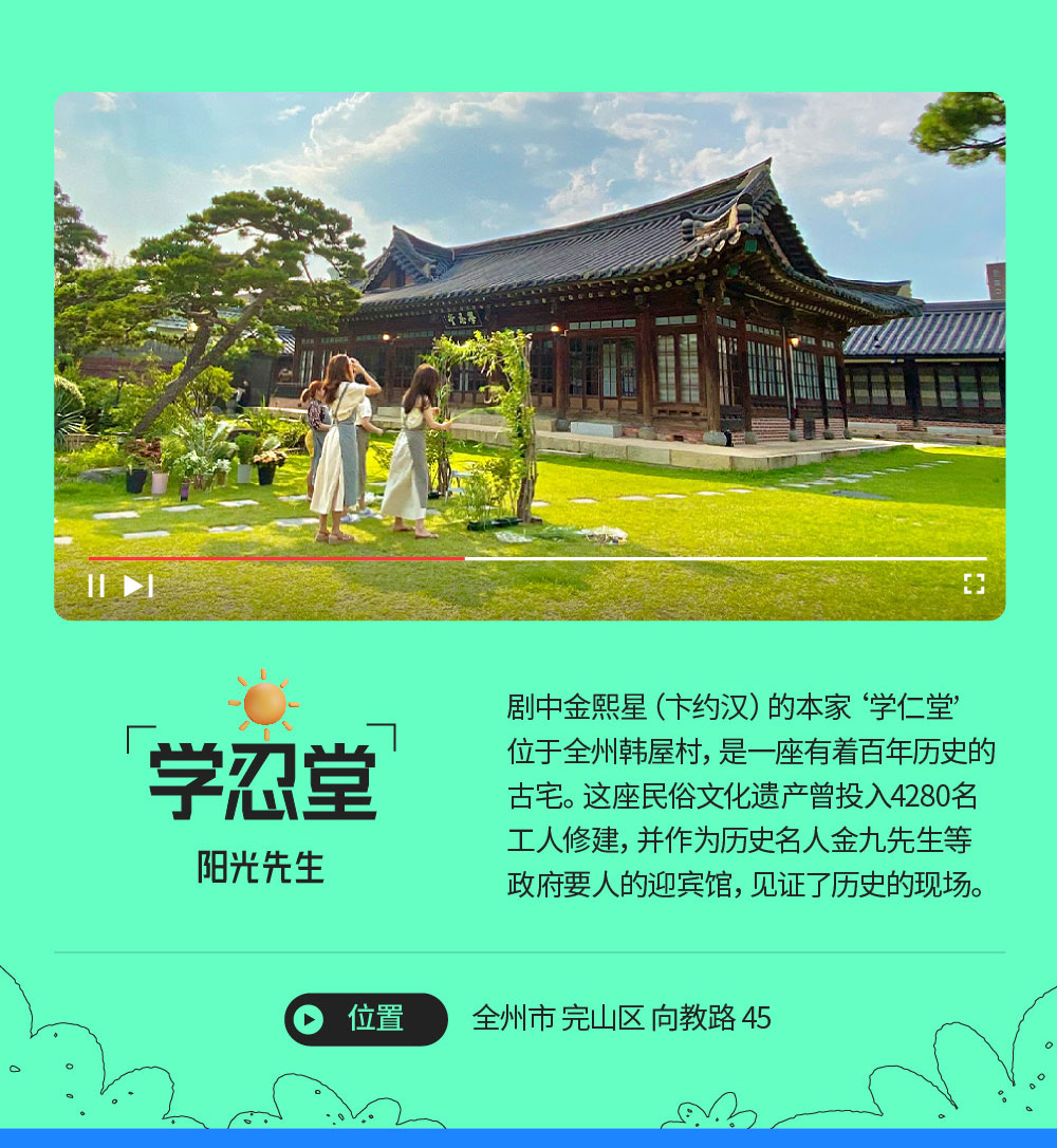 学忍堂: 阳光先生 剧中金熙星（卞约汉）的本家“学仁堂”位于全州韩屋村，是一座有着百年历史的古宅。这座民俗文化遗产曾投入4280名工人修建，并作为历史名人金九先生等政府要人的迎宾馆，见证了历史的现场。